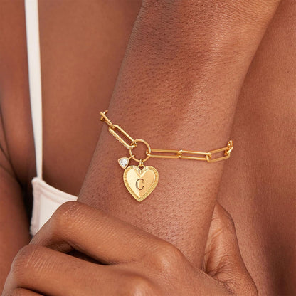 Gold Paperclip Bracelet, 18K Gold Plated Heart Initial Oval Link Bracelet Dainty Handmade Letter Charm Bracelet for Women Jewelry