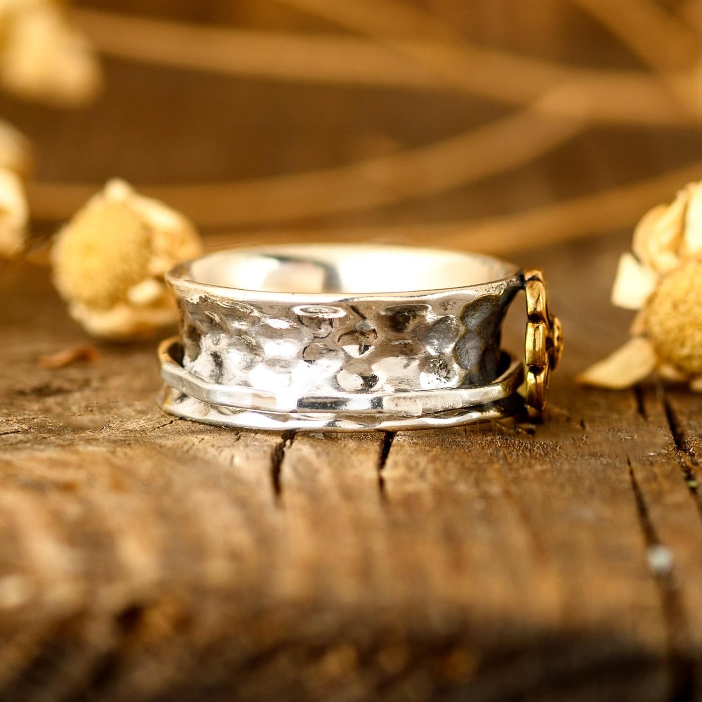 Sunflower Ring, Spinner Rings for Women 925 Sterling Silver and Brass Sunflower | Nature Wide Band Fidget Meditation Anxiety Jewelry