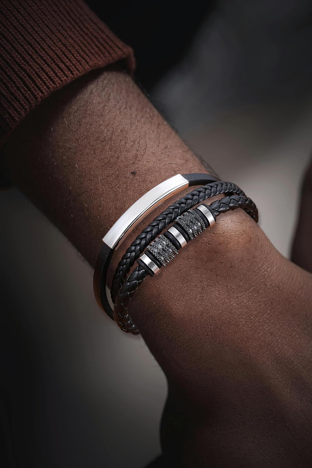 Title: Men’s Black & White Leather Braided Cuff Bracelet with 316L Stainless Steel Buckle– 8.3 inch