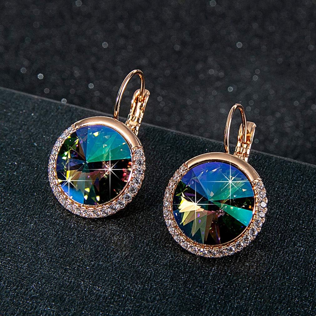 Round Austrian Crystal Halo Drop Leverback Earrings for Women 14K Gold Plated Hypoallergenic Earrings