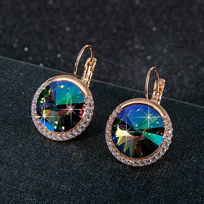 Round Austrian Crystal Halo Drop Leverback Earrings for Women 14K Gold Plated Hypoallergenic Earrings
