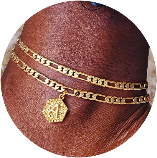 Initial Ankle Bracelets for Women, 14K Gold Plated Double Layered Initial Anklets Jewelry for Women