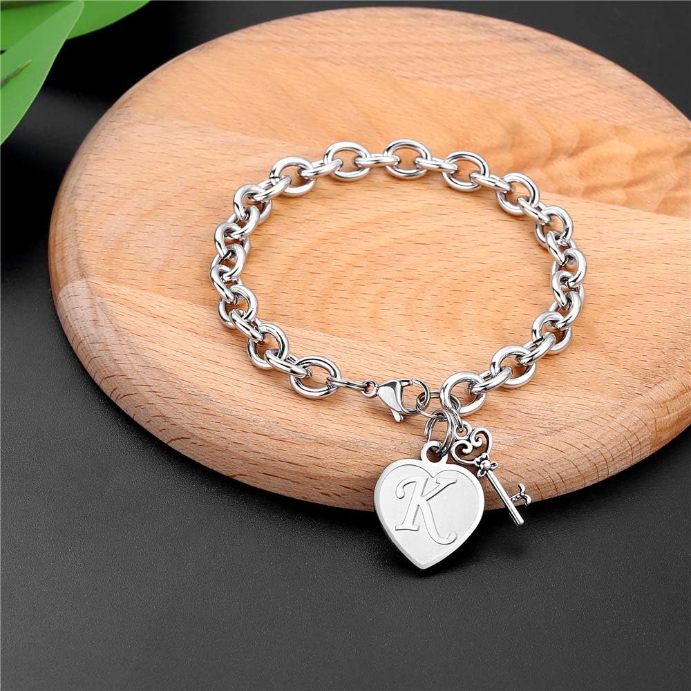 Heart Initial Bracelets for Women Gifts - Engraved 26 Letters Initial Charms Bracelet Stainless Steel Bracelet Birthday Christmas Jewelry Gift for Women Teen Girls