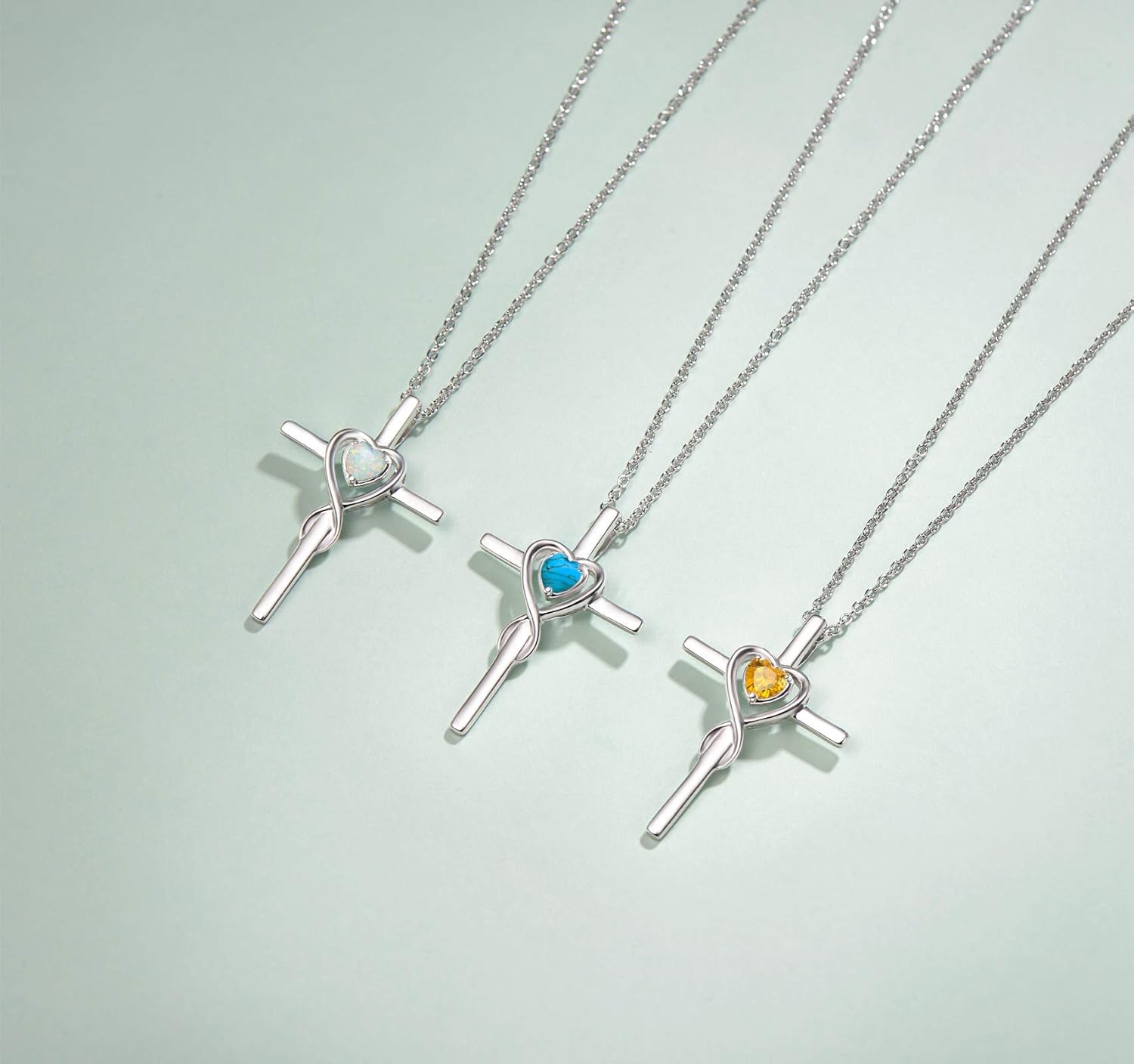 Birthstone Cross Necklace for Women Birthstone Necklace Heart Infinity Cross Pendant Necklace Fine Jewelry Christmas Birthday Holiday Gifts for Her, 16"+2" Inches