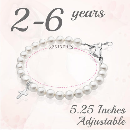Baptism Pearl Bracelet for Girls, Sterling Silver Cross Charm Baptism Gifts for Girl with White European Simulated Pearls, Elegant Girls Jewelry