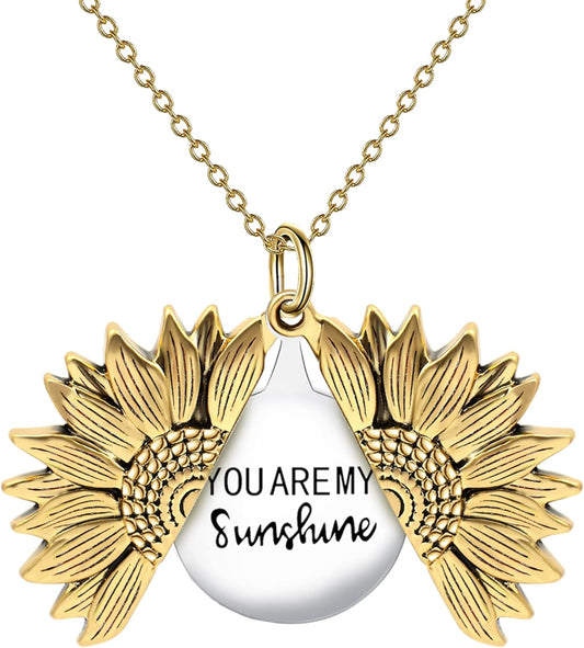 You Are My Sunshine Engraved Necklace Inspirational Sunflower Locket Necklace Jewelry Mother'S Day Gift for Women Girlfriend