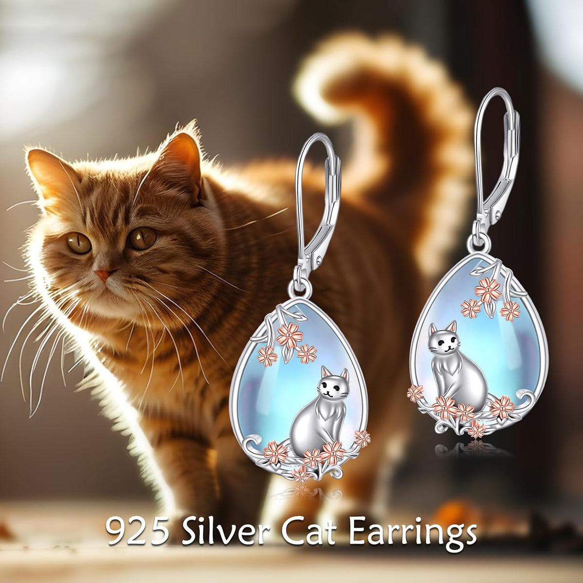 Cat/Hummingbird Earrings for Women 925 Sterling Silver Moonstone Dangle Earrings Animal Drop Earring Jewelry Christmas Gifts