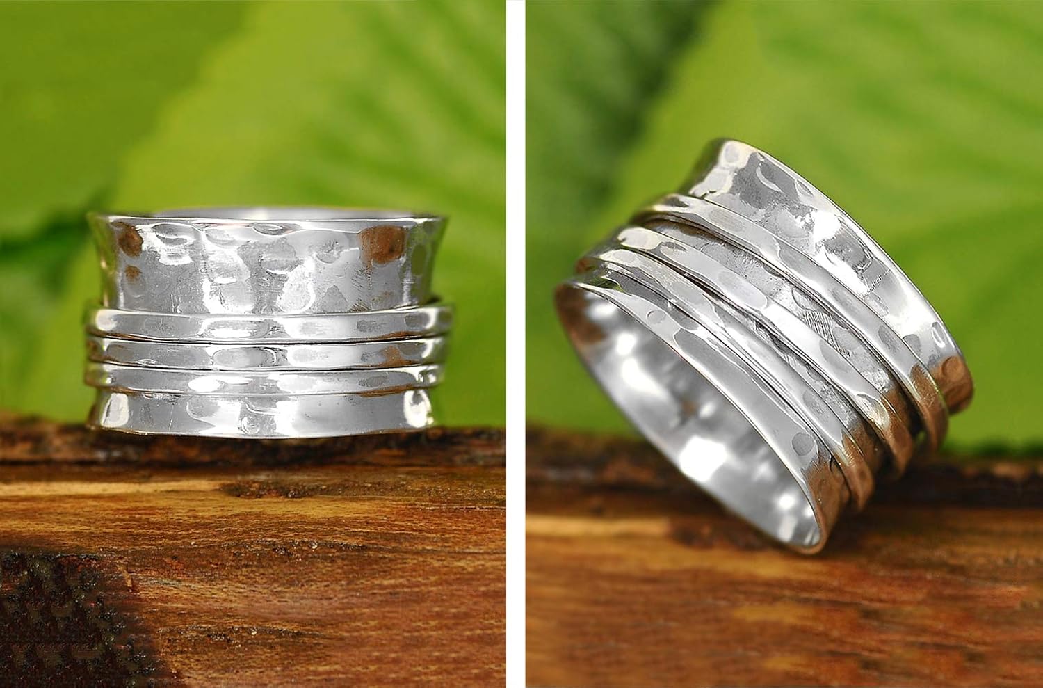 Sterling Silver Fidget Rings for Women – 925 Spinner Ring with 3 Fidget – Hammered Sterling Silver Spinner Ring for Women – for Style, Relaxation & Focus