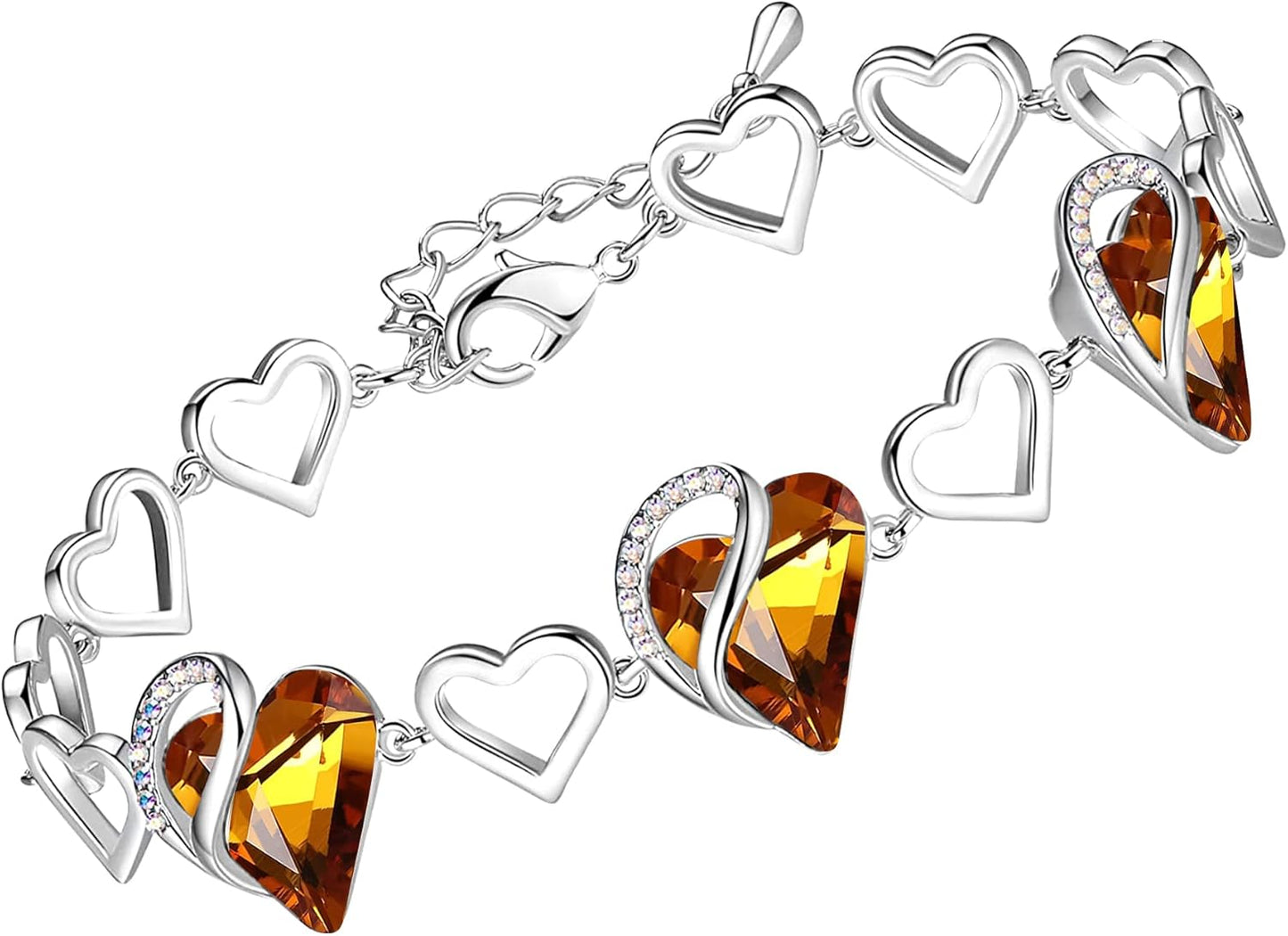 Infinity Love Heart Link Bracelets, Birthstone or Healing Stone Crystal Bracelet for Women, Silver Tone Jewellery Gifts for Her, 7-Inch Chain and 2-Inch Extender