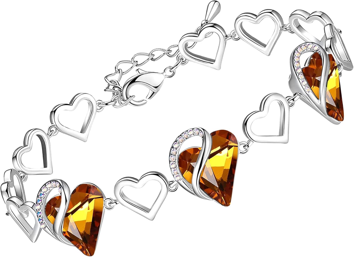 Infinity Love Heart Link Bracelets, Birthstone or Healing Stone Crystal Bracelet for Women, Silver Tone Jewellery Gifts for Her, 7-Inch Chain and 2-Inch Extender