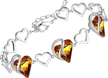 Infinity Love Heart Link Bracelets, Birthstone or Healing Stone Crystal Bracelet for Women, Silver Tone Jewellery Gifts for Her, 7-Inch Chain and 2-Inch Extender
