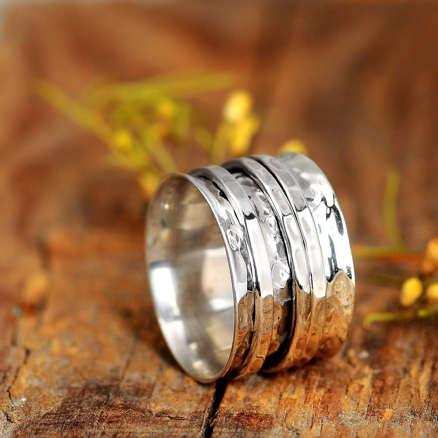 Sterling Silver Fidget Rings for Women – 925 Spinner Ring with 3 Fidget – Hammered Sterling Silver Spinner Ring for Women – for Style, Relaxation & Focus