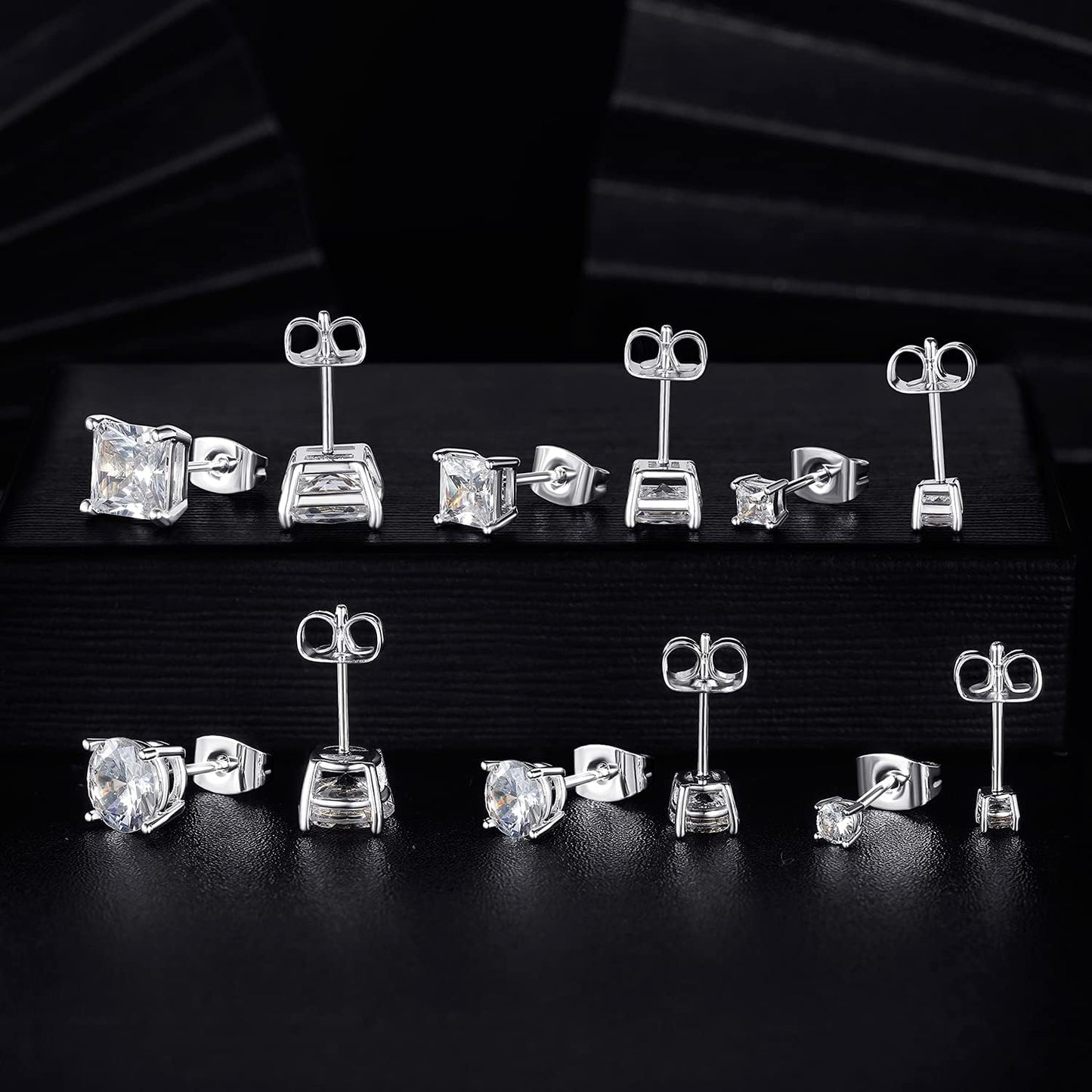 18K Gold Plated round Princess Cut Clear Cubic Zirconia Stud Earring of 6 Pairs (6 Pairs)