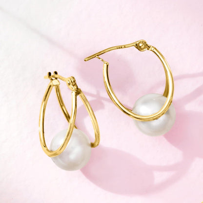 8-9Mm Cultured Pearl Double-Hoop Earrings in 14Kt Yellow Gold. 3/4