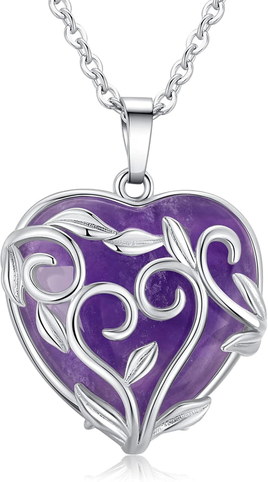 Amethyst Necklace Mothers Day Gifts Healing Crystal Stone Necklaces Heart Pendant Necklace Natural Spiritual Reiki Quartz Jewelry for Women Girlfriend Wife