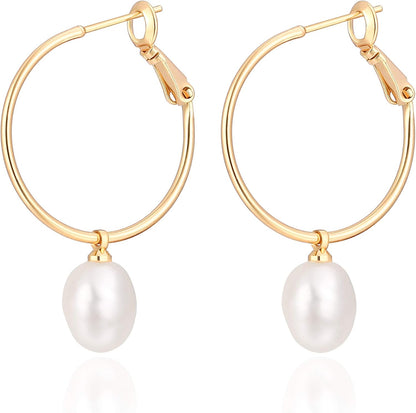 Gold Huggie Hoop Earrings with Charms Fashion Pearl Drop Dangle Earrings for Women Handmade Karma Circle Jewelry for Ladies Lightweight Pearl Earrings on Christmas…