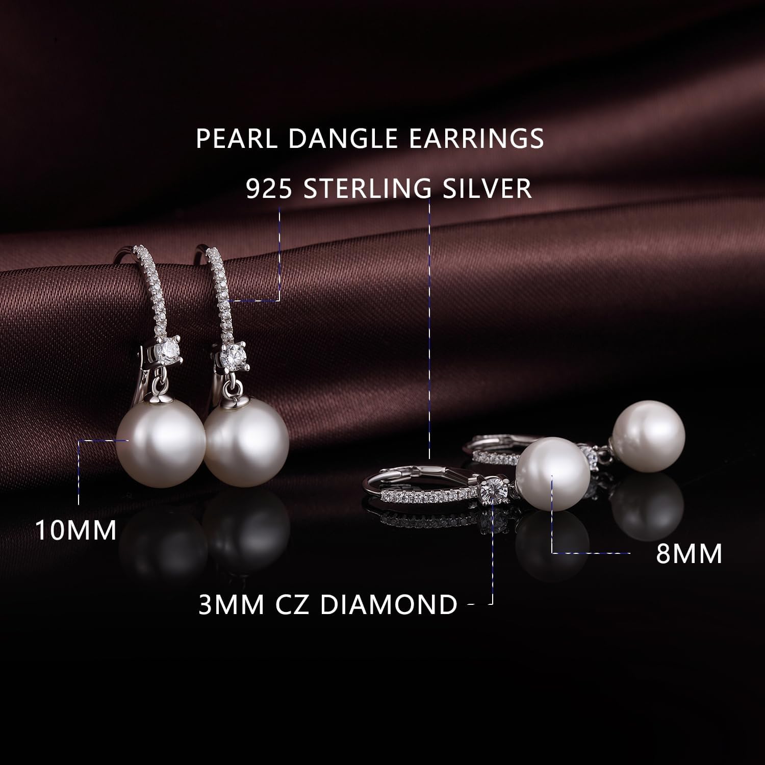 Pearl Dangle Earrings 925 Sterling Silver Pearl Earrings for Women 10Mm White/Black Pearls