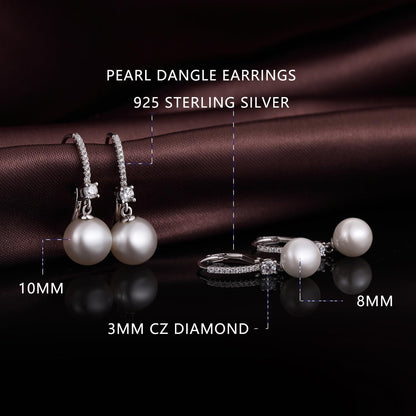 Pearl Dangle Earrings 925 Sterling Silver Pearl Earrings for Women 10Mm White/Black Pearls