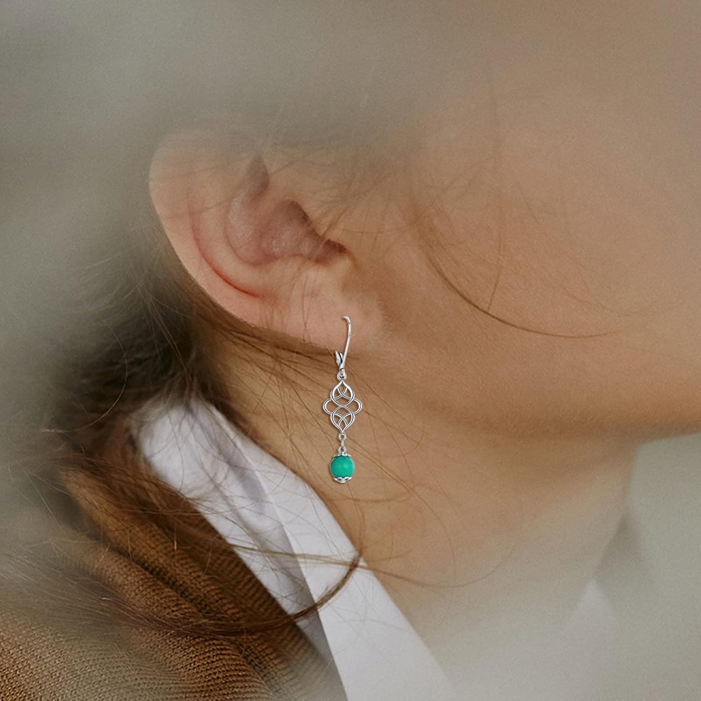 Celtic Turquoise Earrings Sterling Silver Celtic Knot Triquetra Leverback Dangle Drop Earring for Women Jewelry
