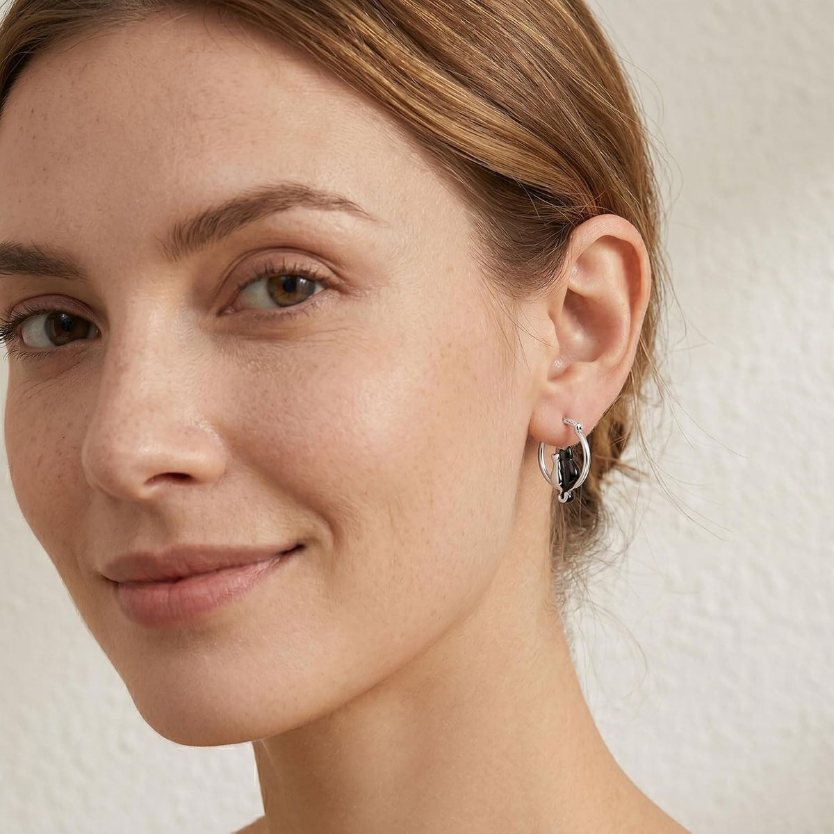 925 Sterling Silver Double Cat Huggie Hoop Earrings