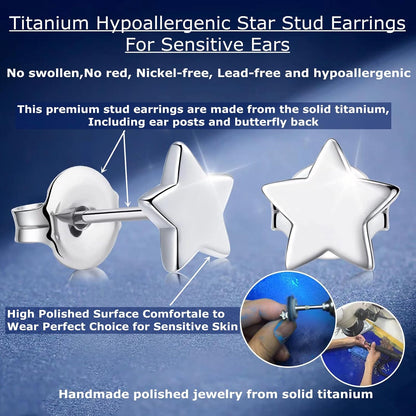 Titanium Earrings, Hypoallergenic Stud Earrings for Women Men Sensitive Ears Star/Moon/Lightning Bolt/Open Heart Premium High Polished (Shiny Grey)