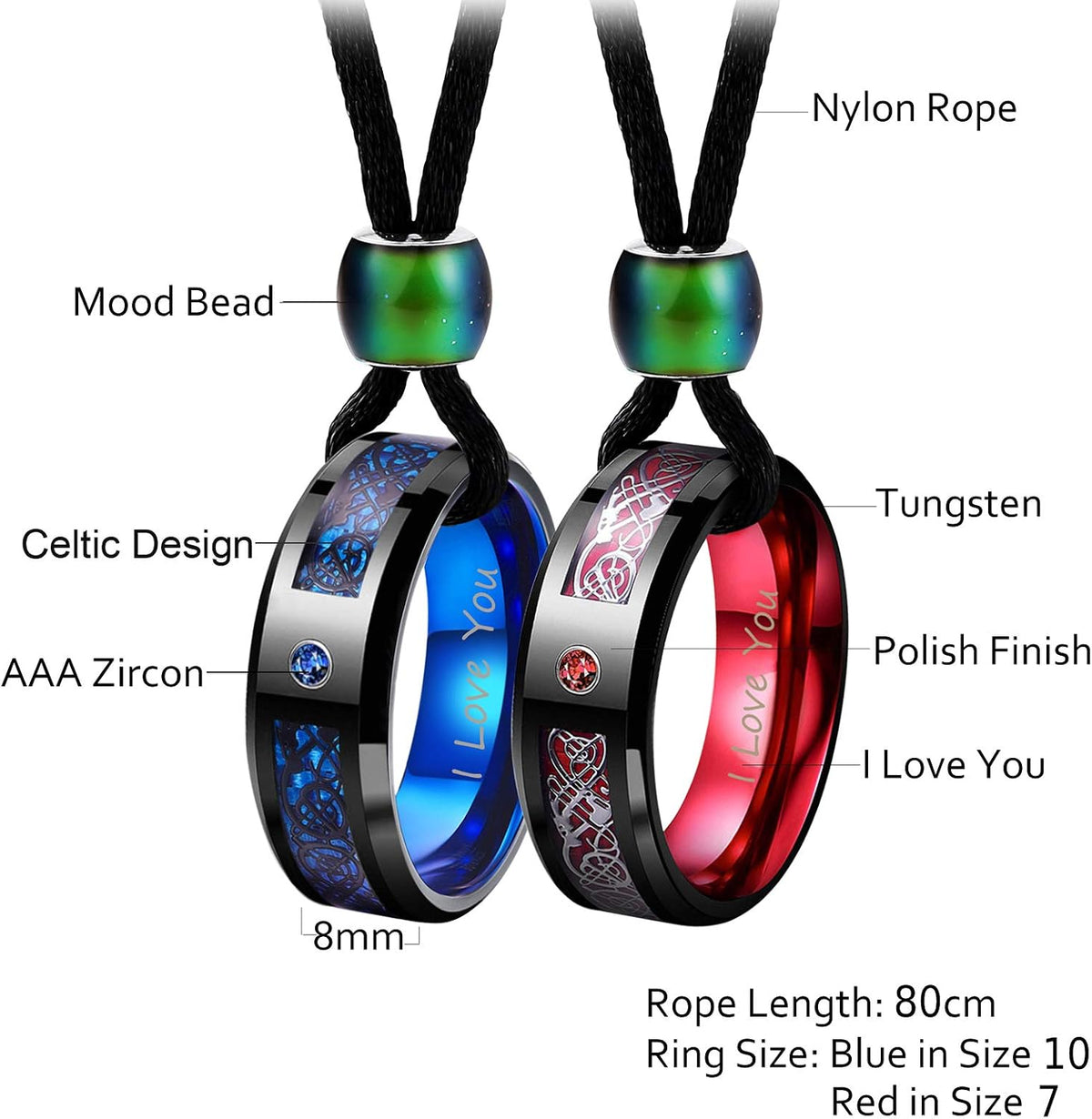 Tungsten Steel I Love You Matching Couple Ring Necklaces– Set of 2