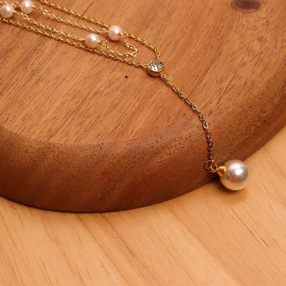 Gold Pearl Rhinestone Layered Necklaces for Women Dainty Long Drop Rhinestone Zirconia Faux Diamond Y Necklace Everyday Jewelry Gifts