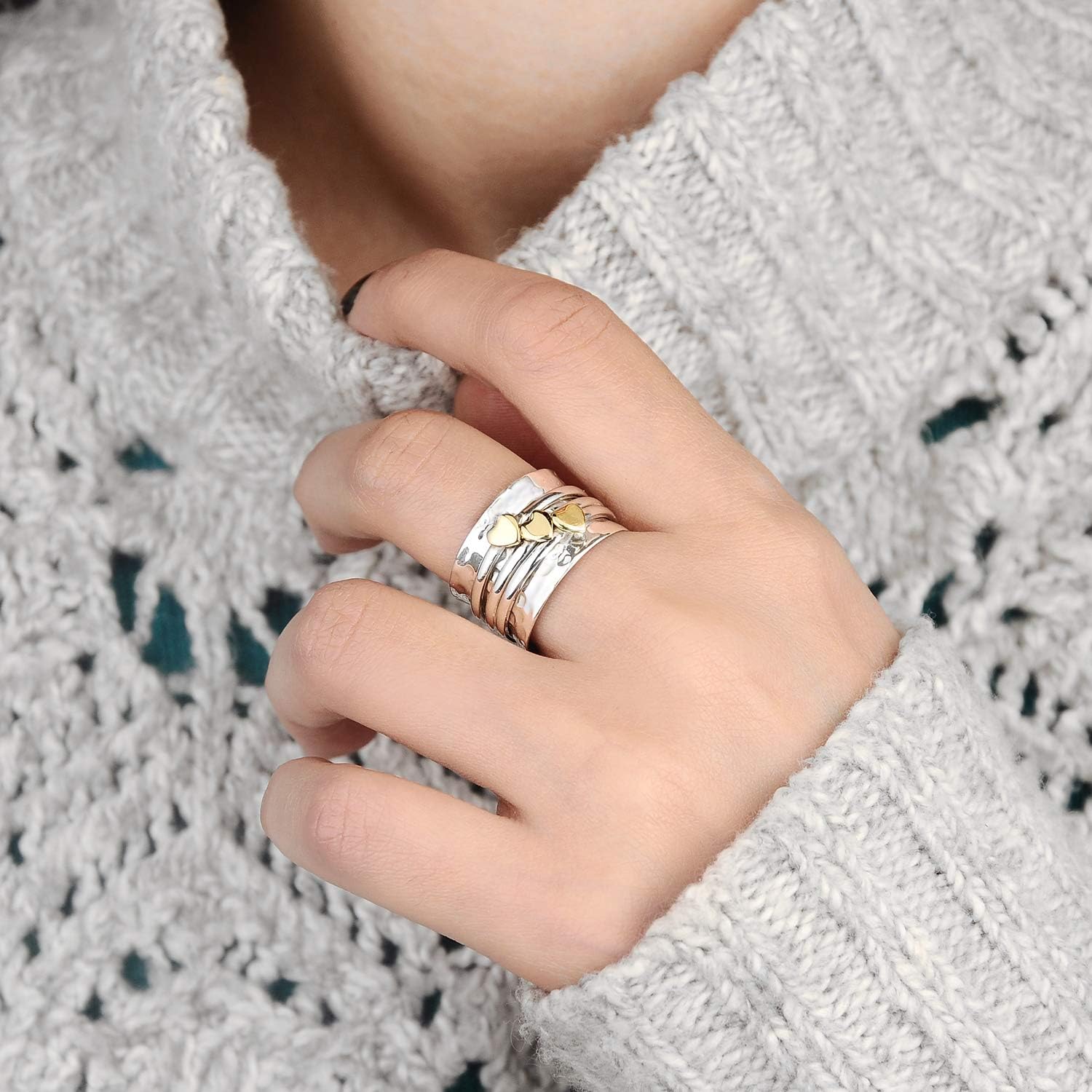 Spinner Ring for Women 925 Sterling Silver with Brass Hearts and Fidget Bands