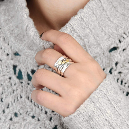Spinner Ring for Women 925 Sterling Silver with Brass Hearts and Fidget Bands