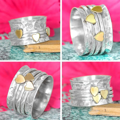 Spinner Ring for Women 925 Sterling Silver with Brass Hearts and Fidget Bands