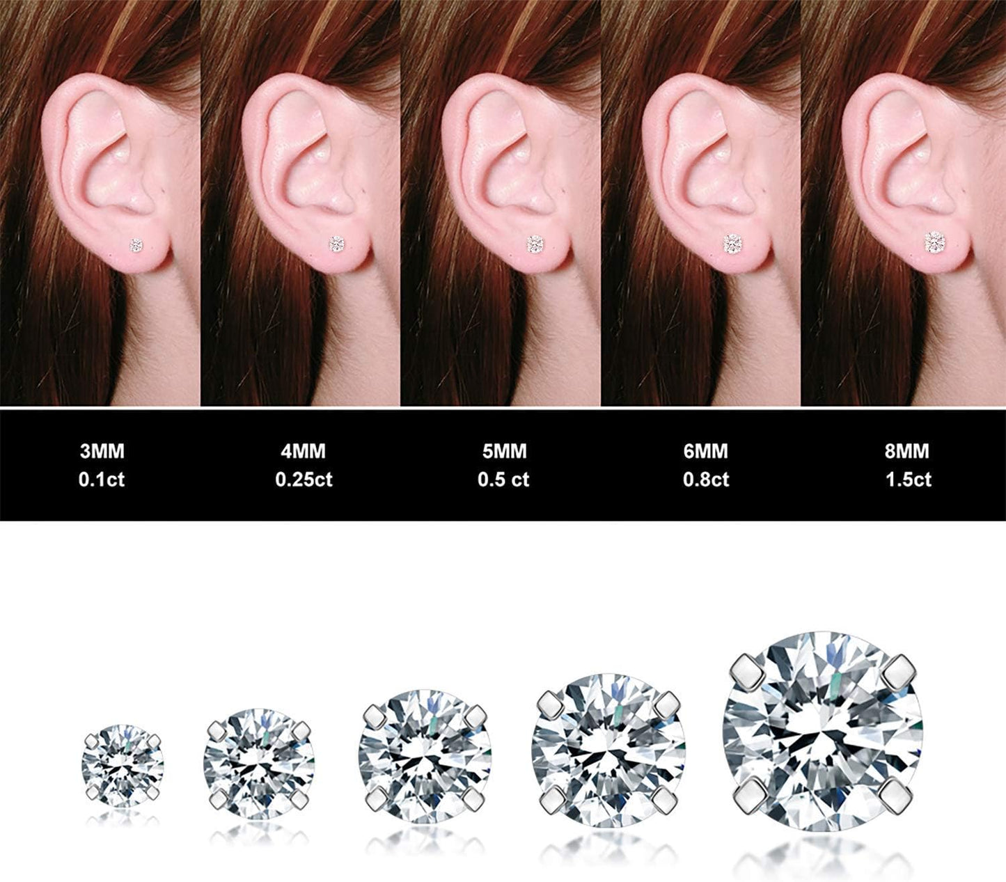 5 Pairs Hypoallergenic Cubic Zirconia Earrings Surgical Steel Flat Back Studs for Cartilage, Screw Back Fashion Jewelry 3-8Mm