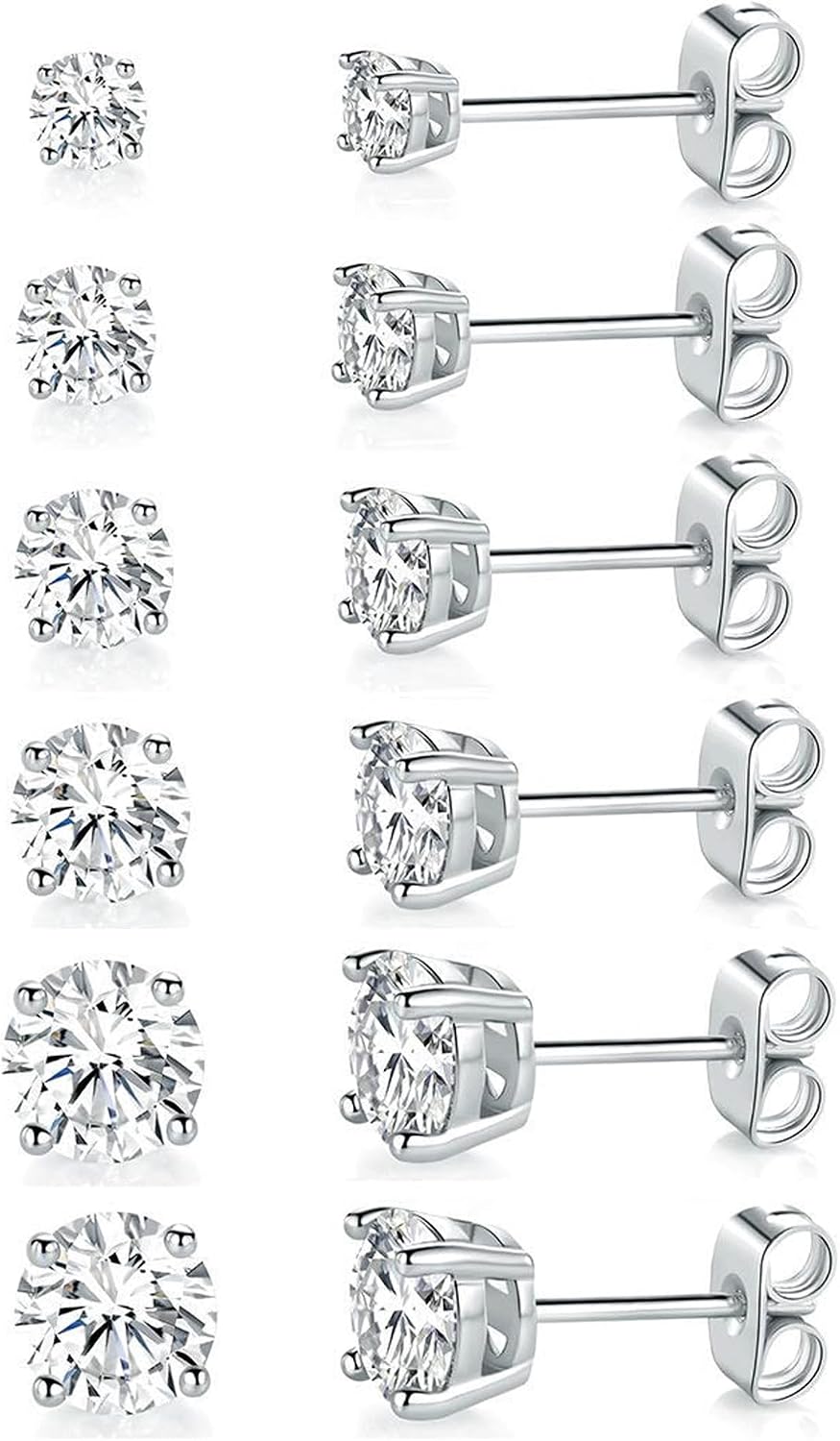 18K White Gold Plated round Cubic Zirconia Stud Earrings Pack, 6 Pairs