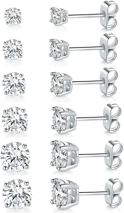 18K White Gold Plated round Cubic Zirconia Stud Earrings Pack, 6 Pairs