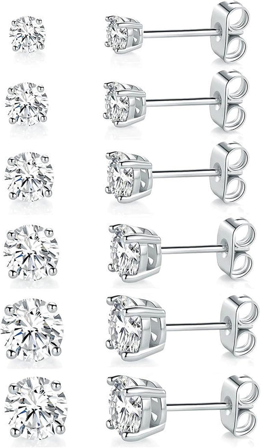 18K White Gold Plated round Cubic Zirconia Stud Earrings Pack, 6 Pairs