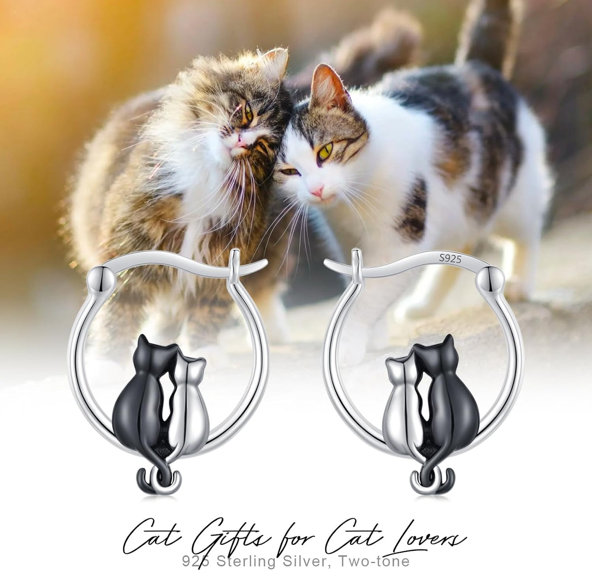 925 Sterling Silver Double Cat Huggie Hoop Earrings
