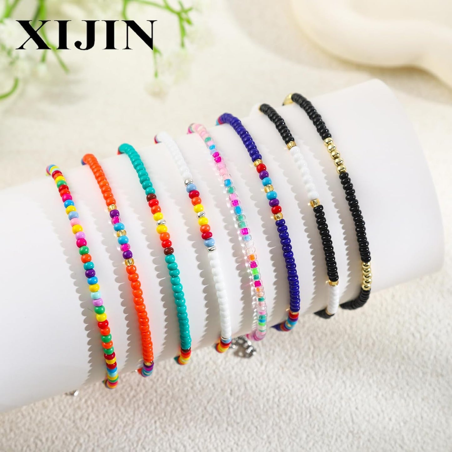8Pcs Handmade Beaded Anklets for Women Boho Colorful Beads Ankle Bracelets Adjustable Foot Anklet Set
