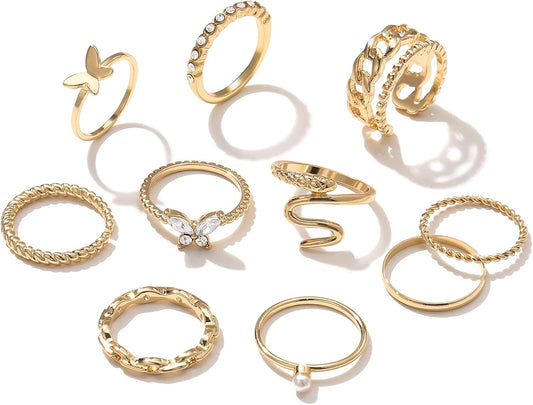 Gold Knuckle Rings Set for Women, Boho Butterfly Snake Stackable Joint Finger Rings, Trendy Crystal Size Mixed Midi Pack