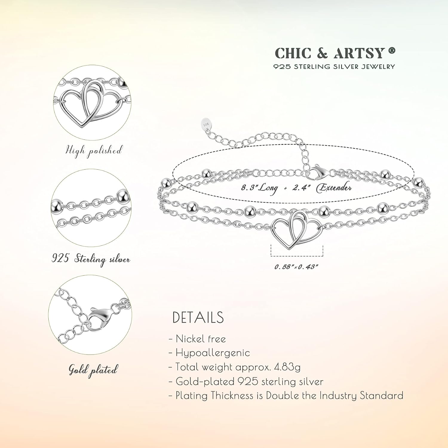 Womens Sterling Silver Created Opal Layered Anklet Bracelet Dainty Beaded Chain Adjustable 11" Best Friend Anklet