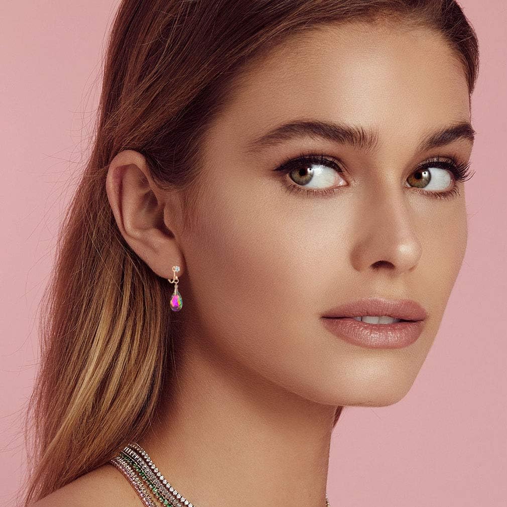 Teardrop Austrian Crystal Drop Clip on Dangle Earrings for Women Non Pierced 14K Rose Gold Plated Hypoallergenic Jewelry