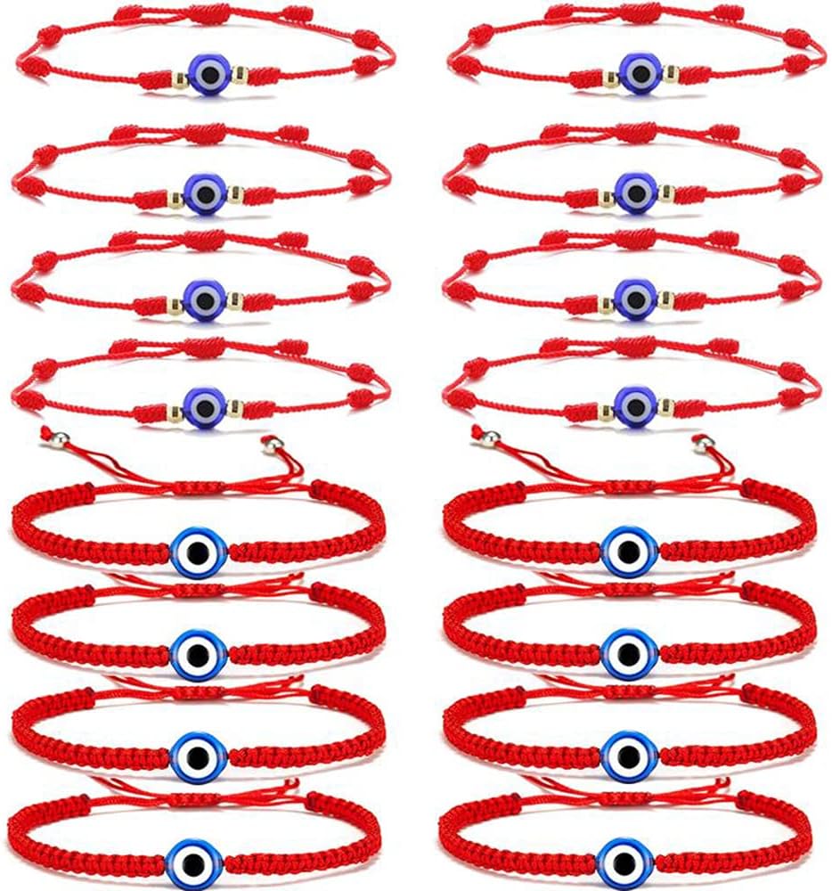 16 Set Evil Eye String Kabbalah Bracelets 7 Knots Bracelets Adjustable Hand-Woven Red Rope Cord Thread Braided Bracelet Protection Lucky Amulet Bracelet for Women Men