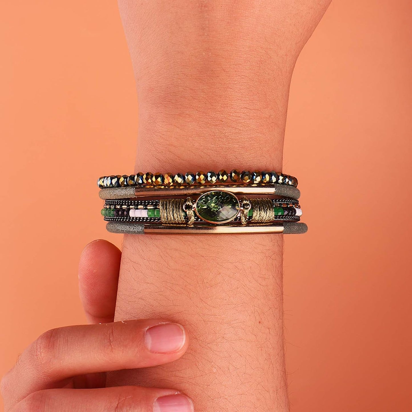Leather Wrap Bracelets Crystal Beads Bracelet Boho Cuff Stone Charm Bracelets with Clasp Costume Jewelry for Women