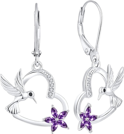 Hummingbird Heart Earrings Sterling Silver Flowers Dangle Drop Earrings Birthstones Leverback Jewelry for Women