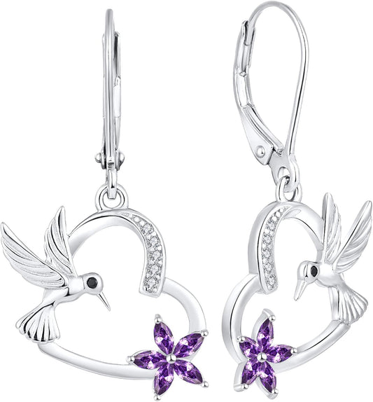 Hummingbird Heart Earrings Sterling Silver Flowers Dangle Drop Earrings Birthstones Leverback Jewelry for Women