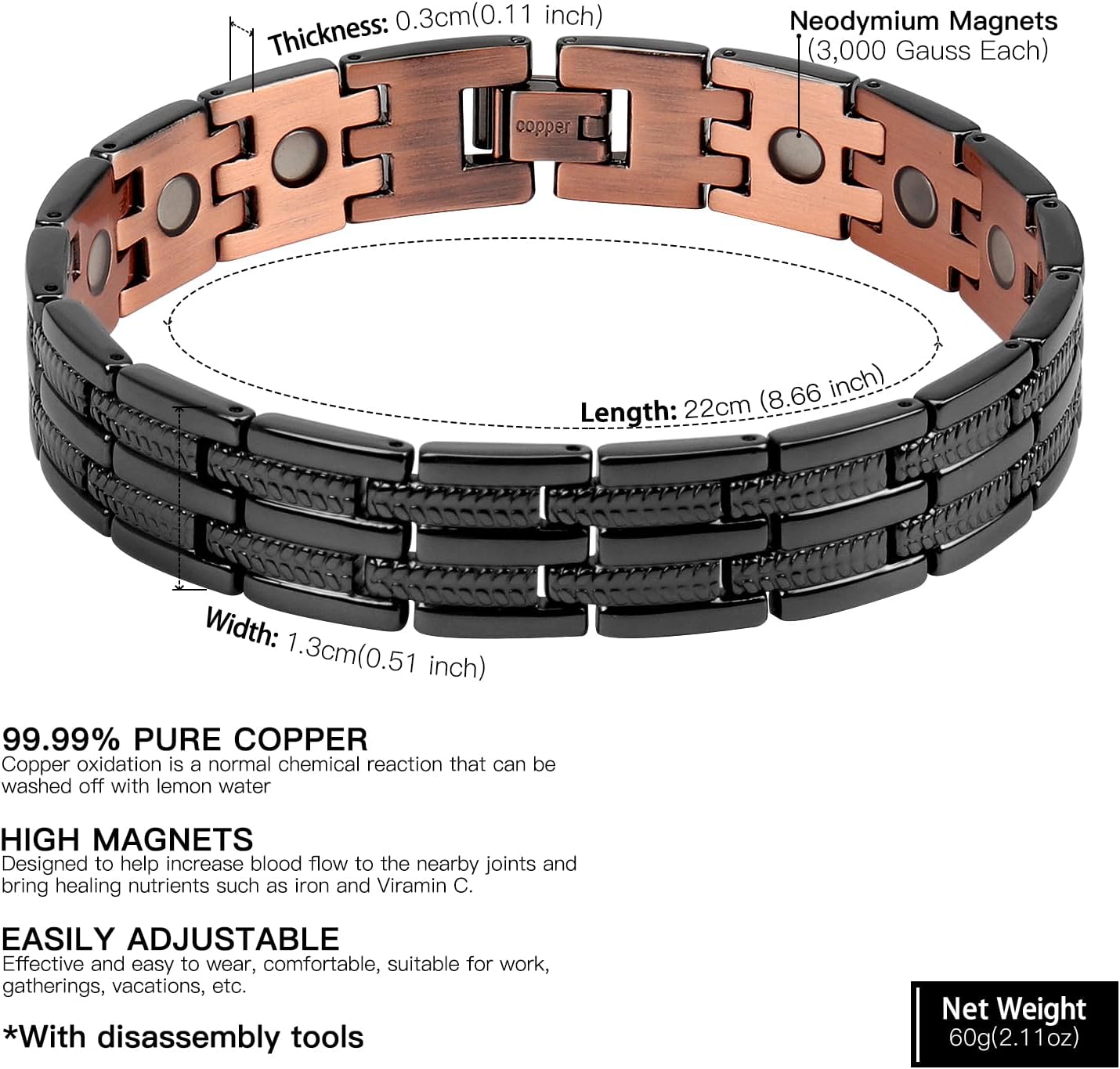 Mens Copper Bracelet for Magnetic Adjustable Bracelets