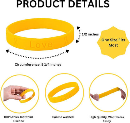 Gold Awareness Silicone Bracelets- Inexpensive Gold Ribbon Rubber Wristbands for Childhood Cancer and Neuroblastoma Cancer Awareness, Fundraising and Gift Giving - Perfect for People with Small Wrist