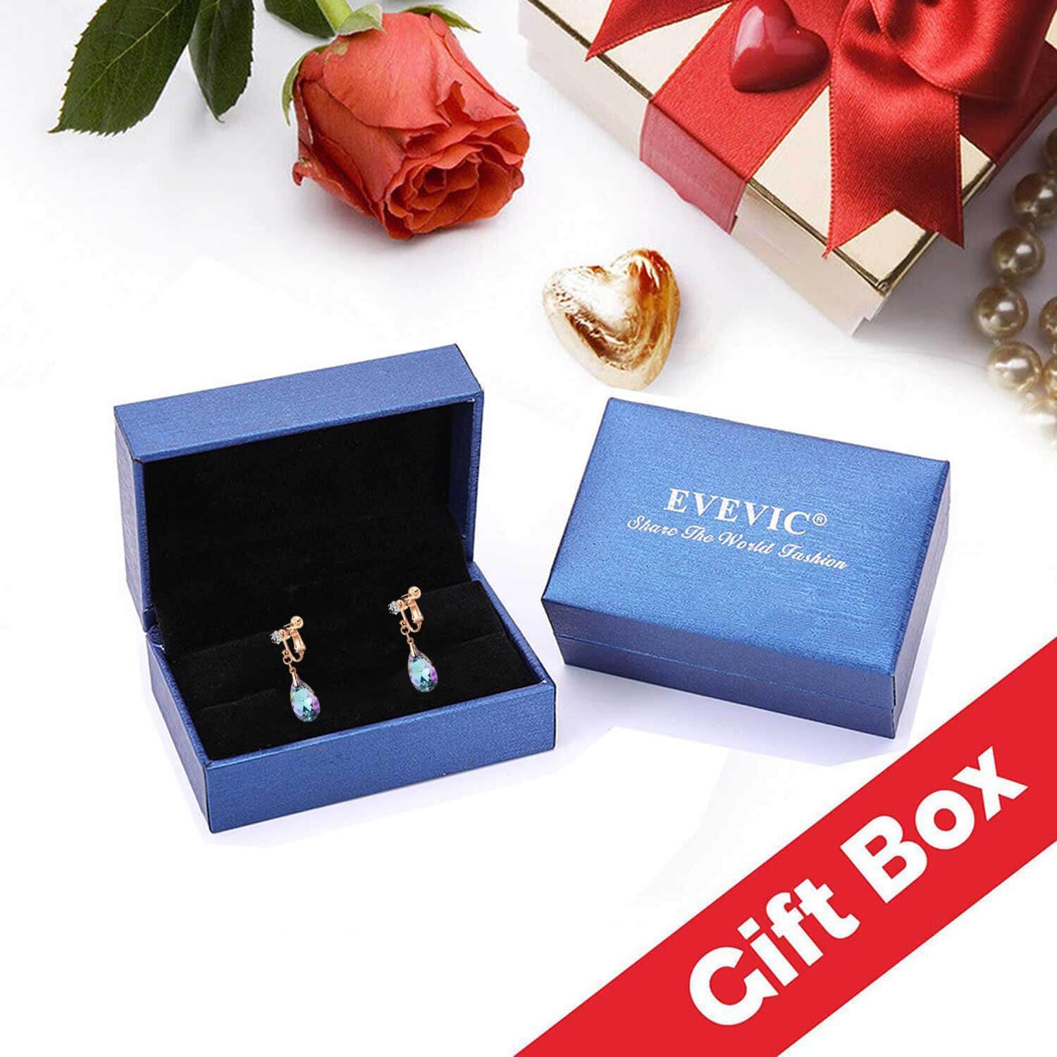 Teardrop Austrian Crystal Drop Clip on Dangle Earrings for Women Non Pierced 14K Rose Gold Plated Hypoallergenic Jewelry