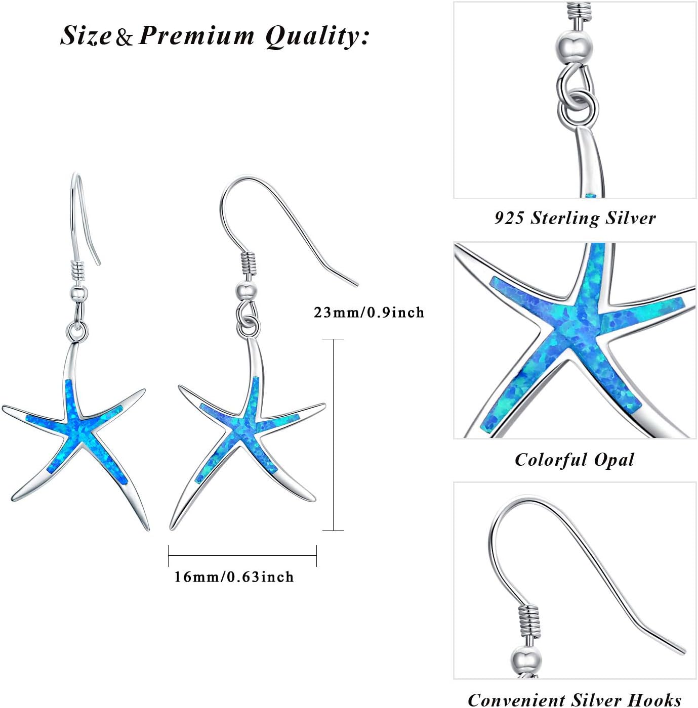 925 Sterling Silver Starfish Earrings with Opal Fish Hoops, Nautical Hawaiian Sea Beach Jewelry for Women and Starfish Lovers