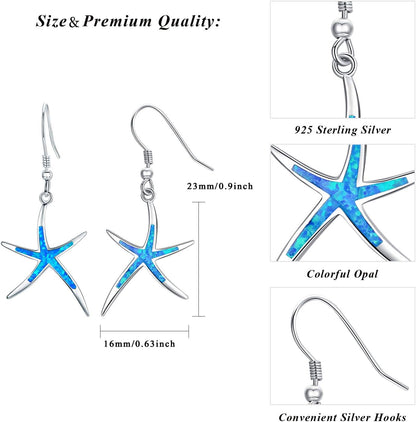 925 Sterling Silver Starfish Earrings with Opal Fish Hoops, Nautical Hawaiian Sea Beach Jewelry for Women and Starfish Lovers