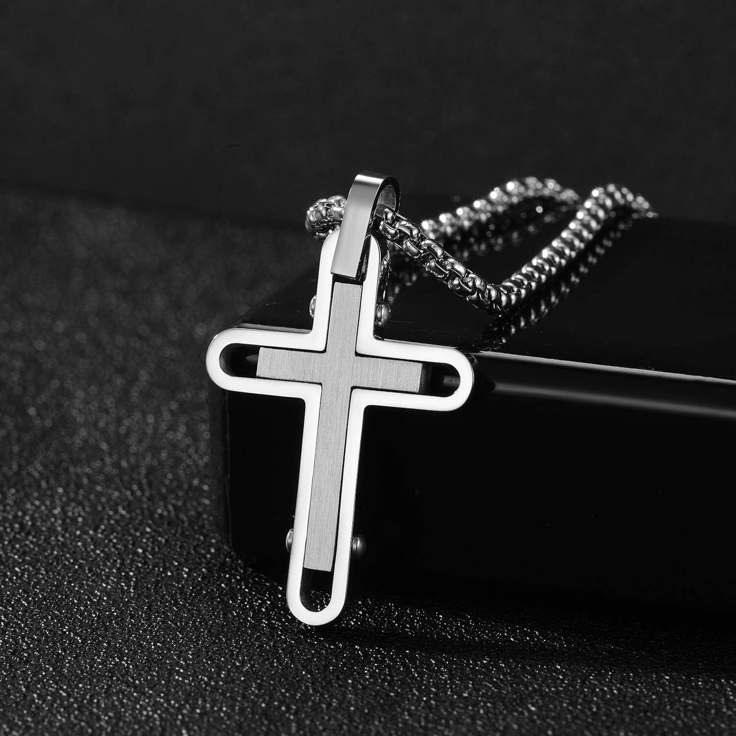 Men'S Cross Necklace 316L Stainless Steel Pendant White/Gold/Black/Blue Rolo Chain-Gift Box Included