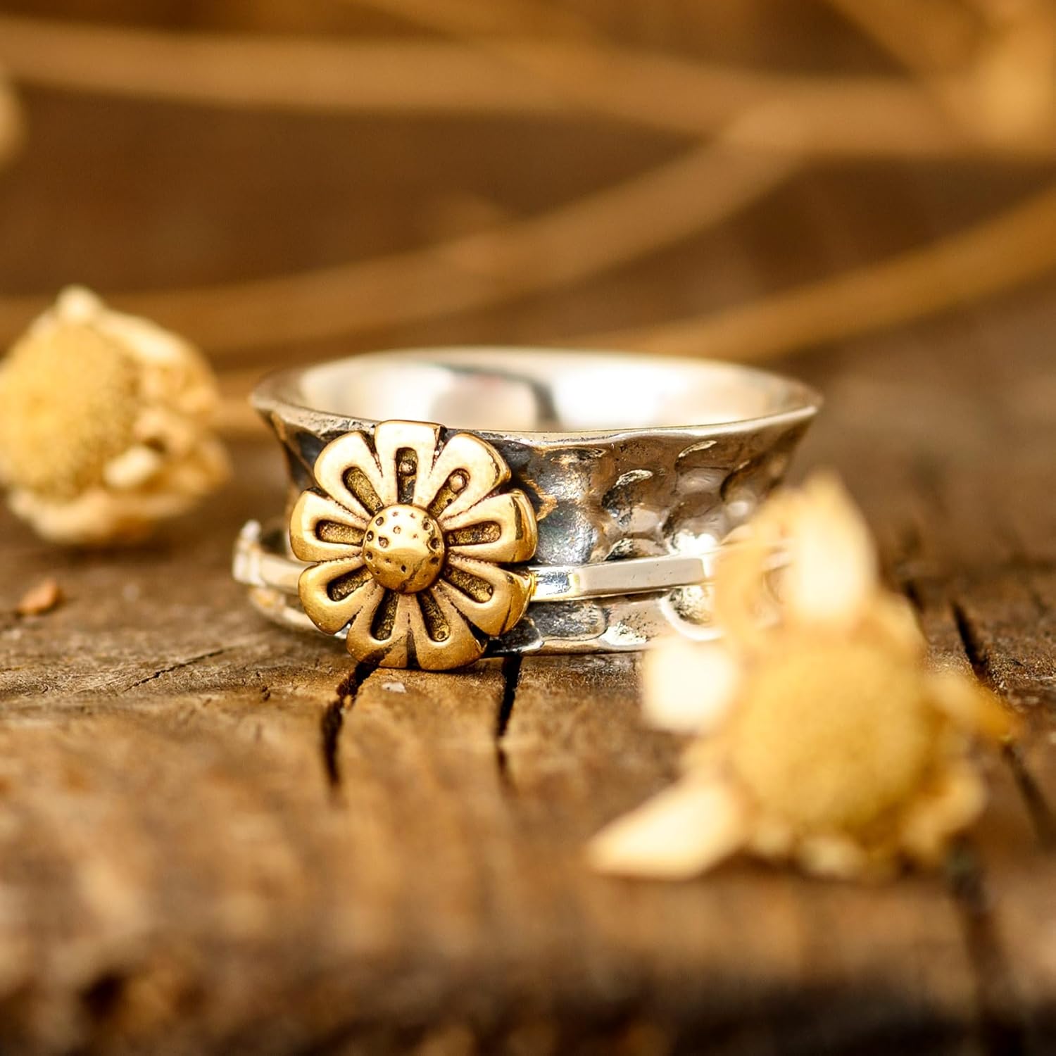 Sunflower Ring, Spinner Rings for Women 925 Sterling Silver and Brass Sunflower | Nature Wide Band Fidget Meditation Anxiety Jewelry